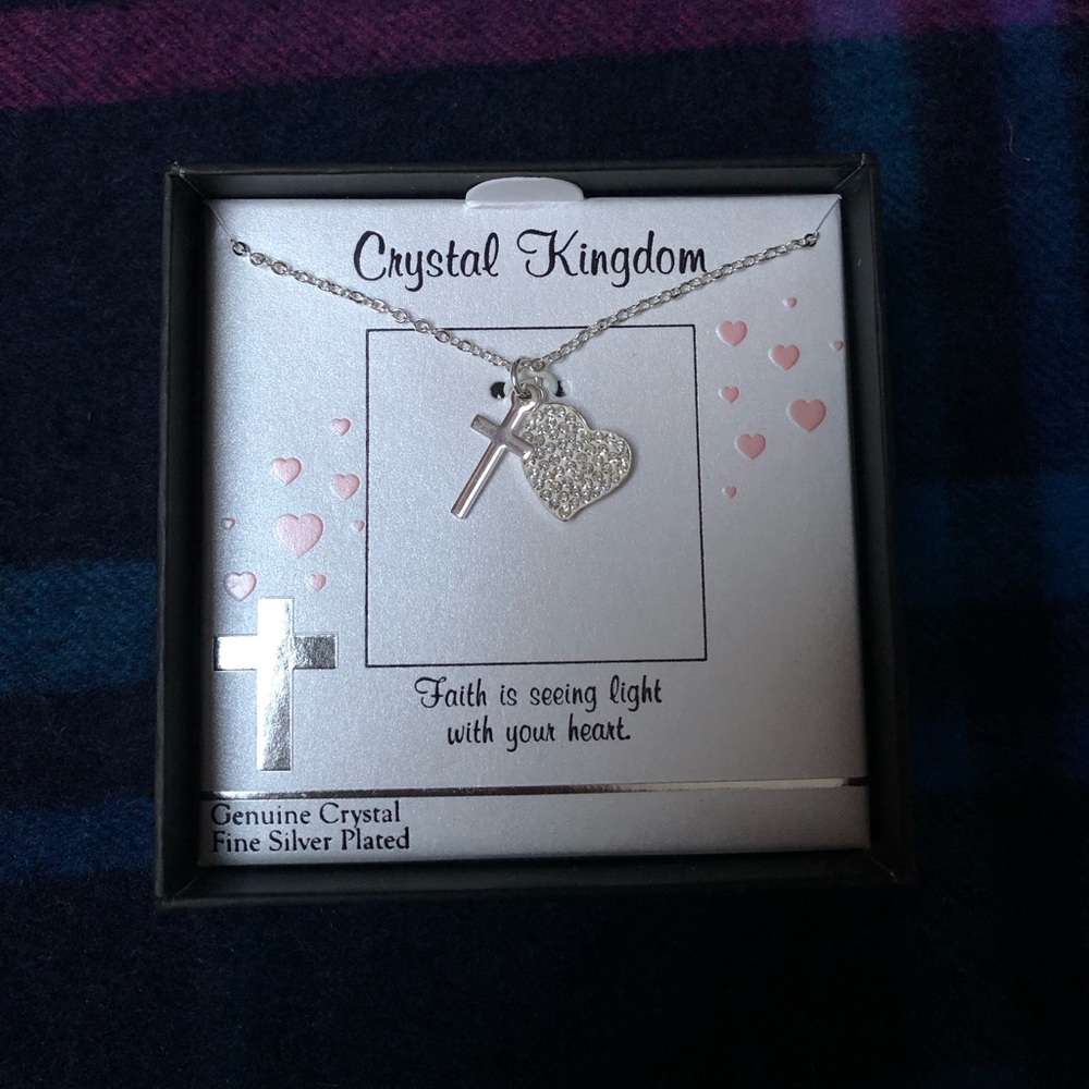 Crystal kingdom heart and cross necklace